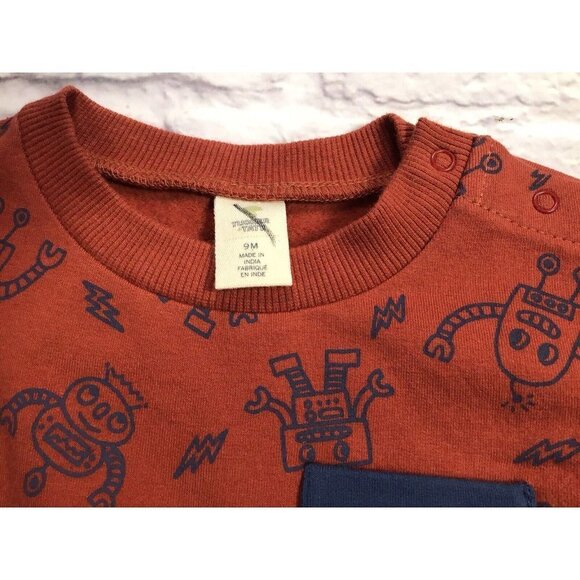 NWT Tucker + Tate 9Mo Crewneck Pocket Sweatshirt Red Barn Blue Robots Baby Boys - Picture 2 of 3